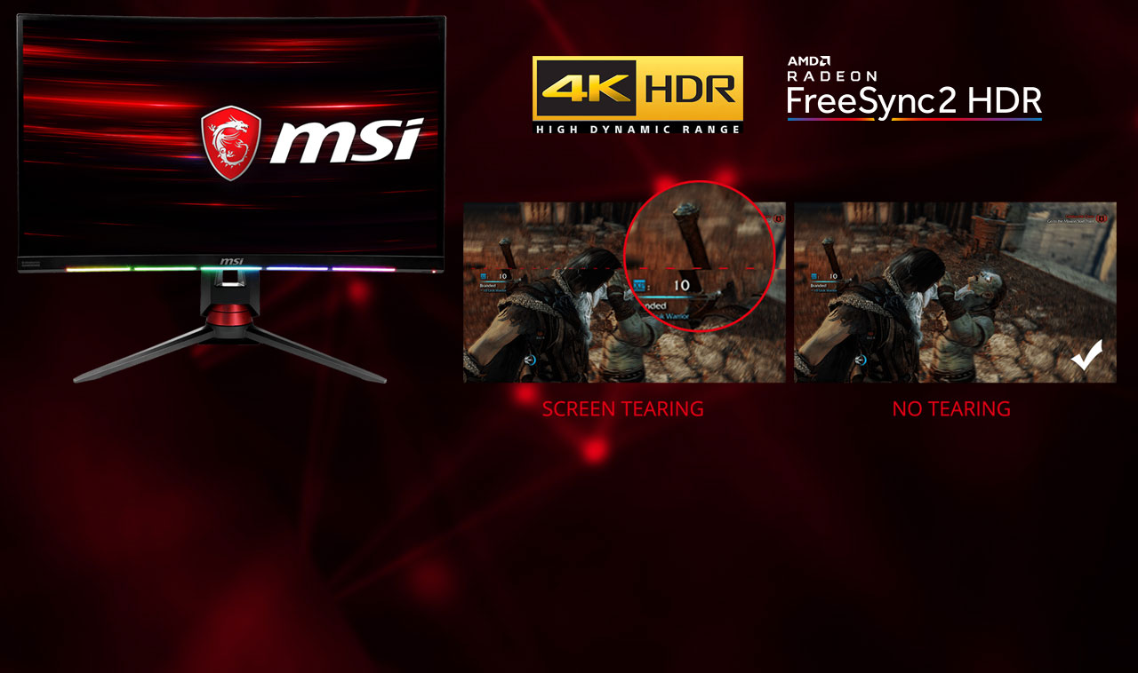  At the left part of this picture is a MSI gaming monitor. At the right are two game screenshots showing comparison of between with screen tearing and no tear. Above the screen shots are logos of 4K HDR and AMD FreeSync2 HDR 